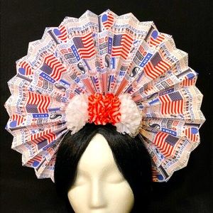 4th of July Decorated Paper Medallion/Fan Crown with White/ Red flowers Headband